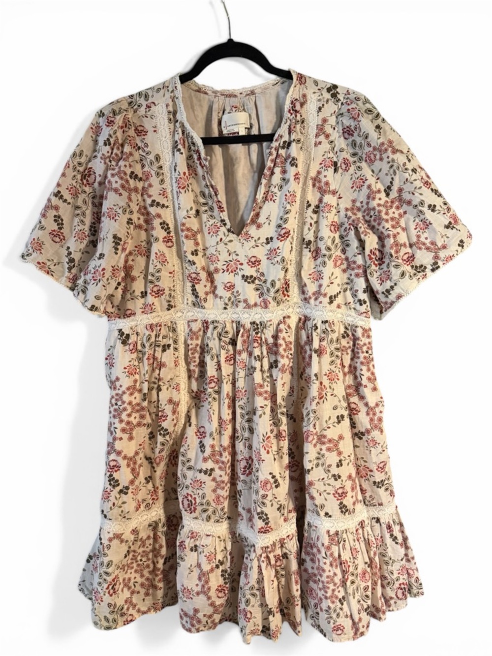 Anthropologie Cream Blouse with Dusty Rose Floral Trim